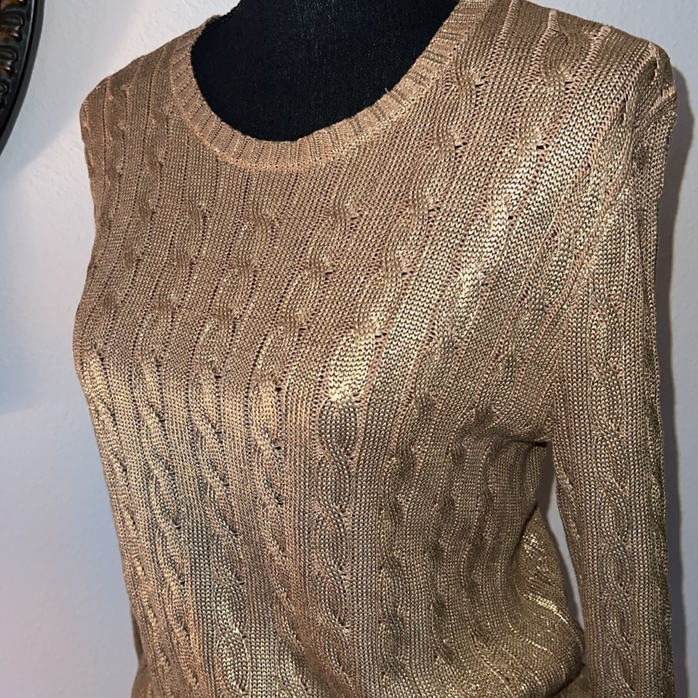 Ralph Lauren Women’s Gold Metallic Cable Knit Cotton Blend Crewneck Sweater M - Picture 3 of 16